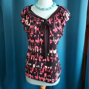 Alfani Pink & Black bow tie blouse with flutter sleeves – M